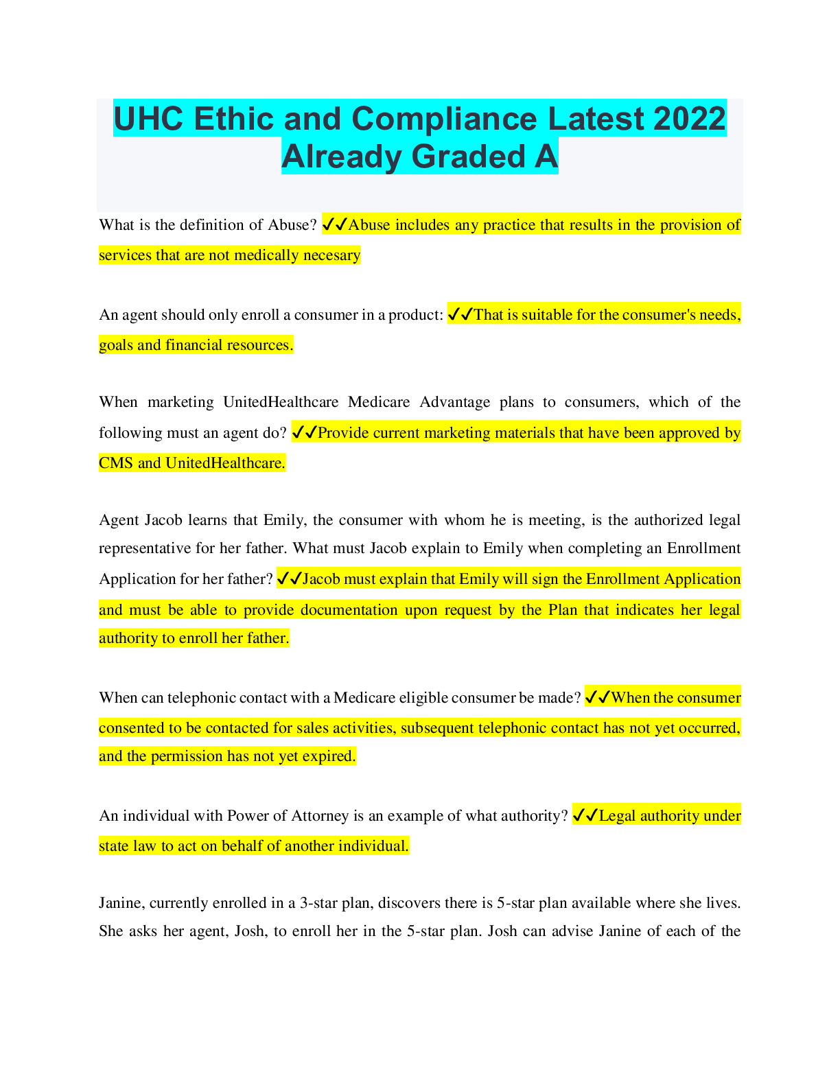 Preview image for UHC Ethic and Compliance Latest 2022 Already Graded A